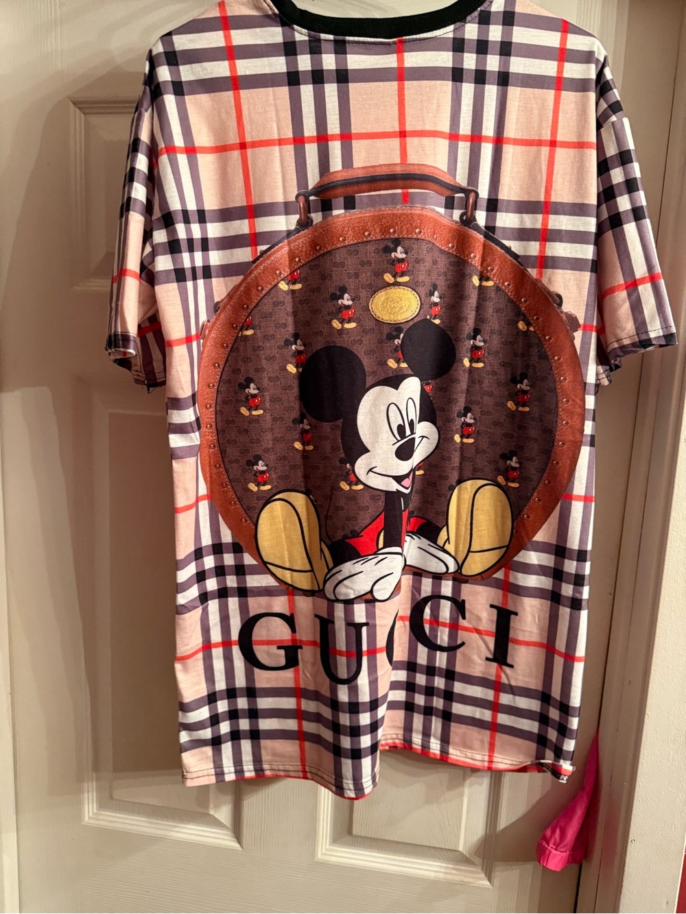 GUCCI Pink Plaid Mickey Graphic Men's T-Shirt
